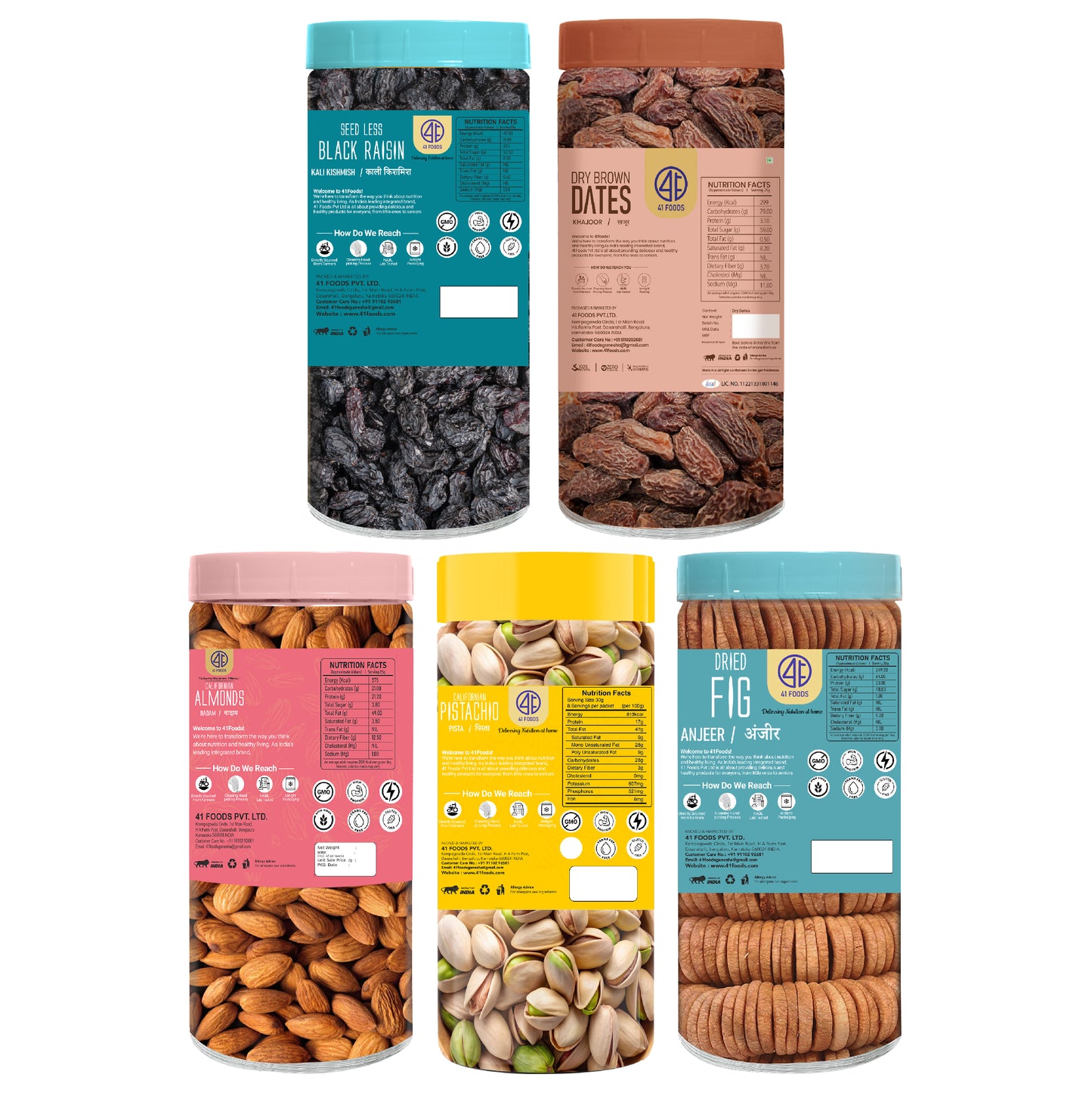 41Foods 100 % Premium Healthy Dry Fruits Combo of Almond,Pistachios, Fig, Black Raisins, Dry Brown Dry Date - Combo