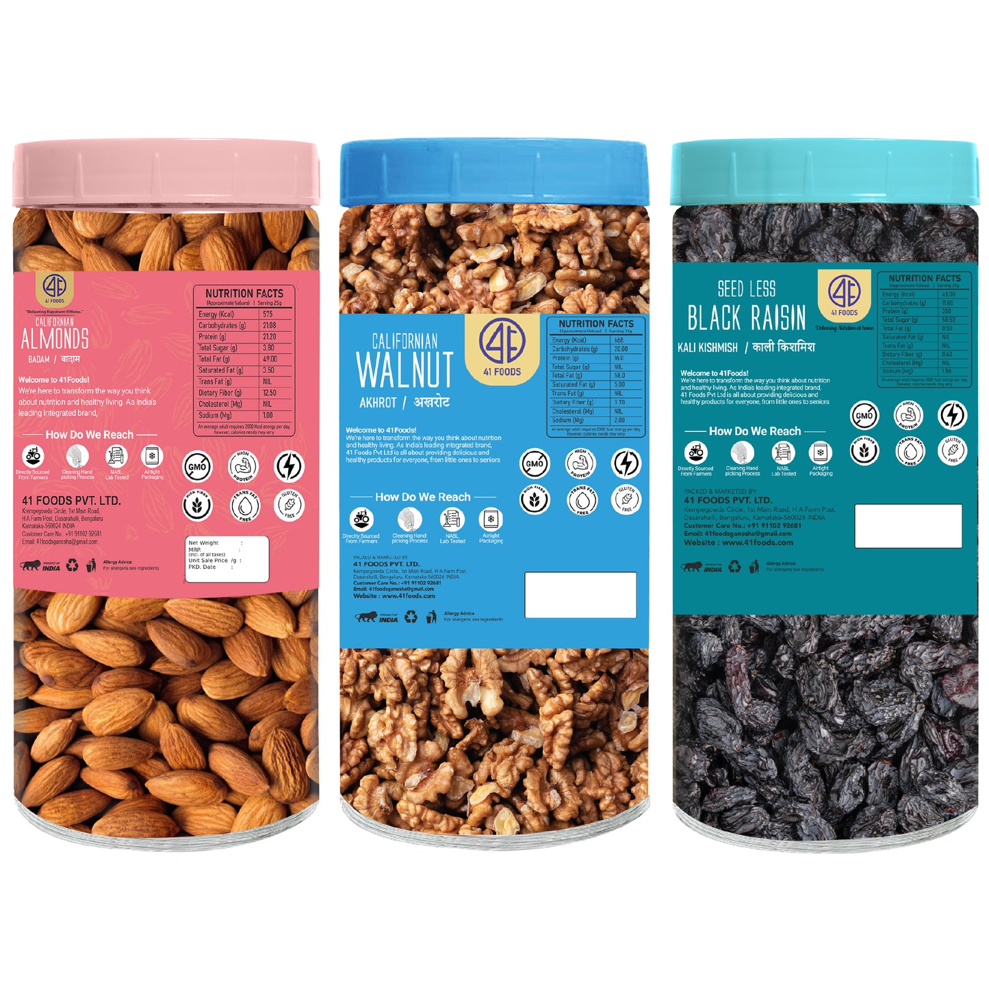 41 Foods 100 % Premium Healthy Dry Fruits Combo of Almond, Walnut, Black Raisins - Combo