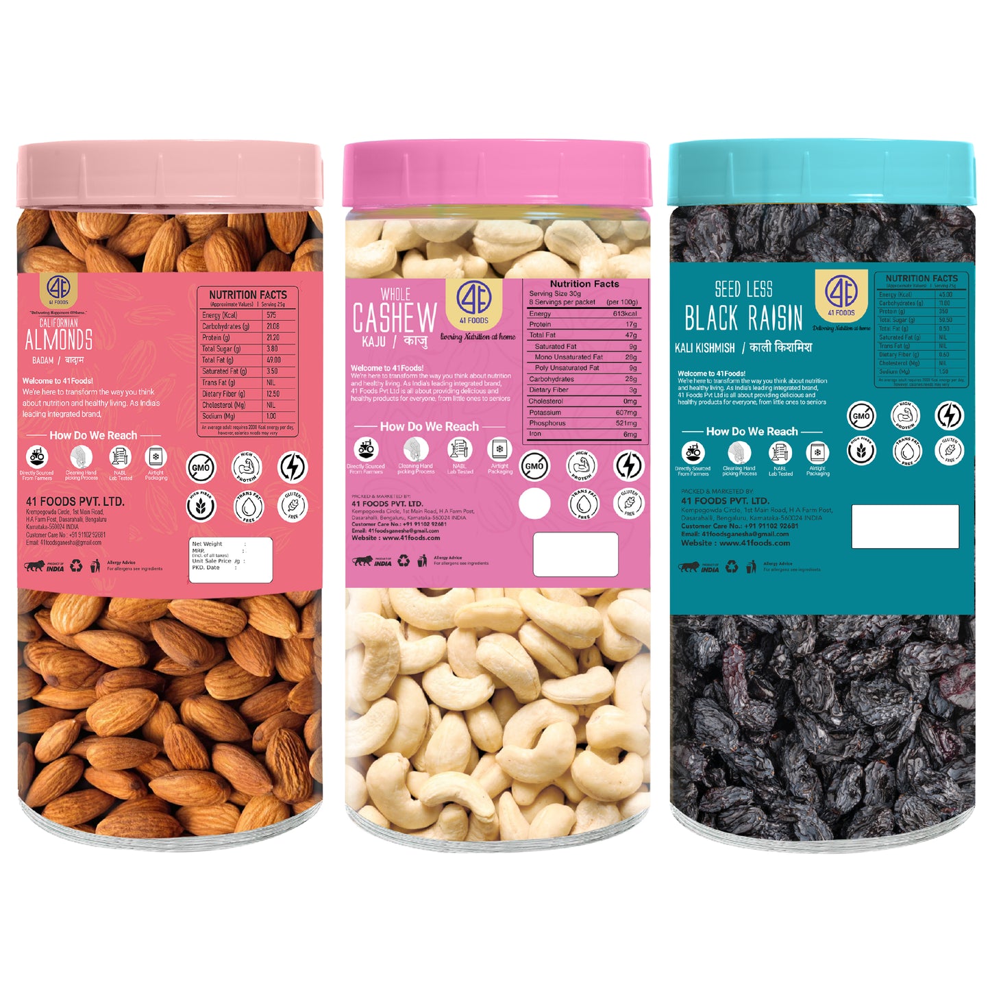 41 Foods 100 % Premium Healthy Dry Fruits Combo of Almond, Cashew, Black Raisins - Combo