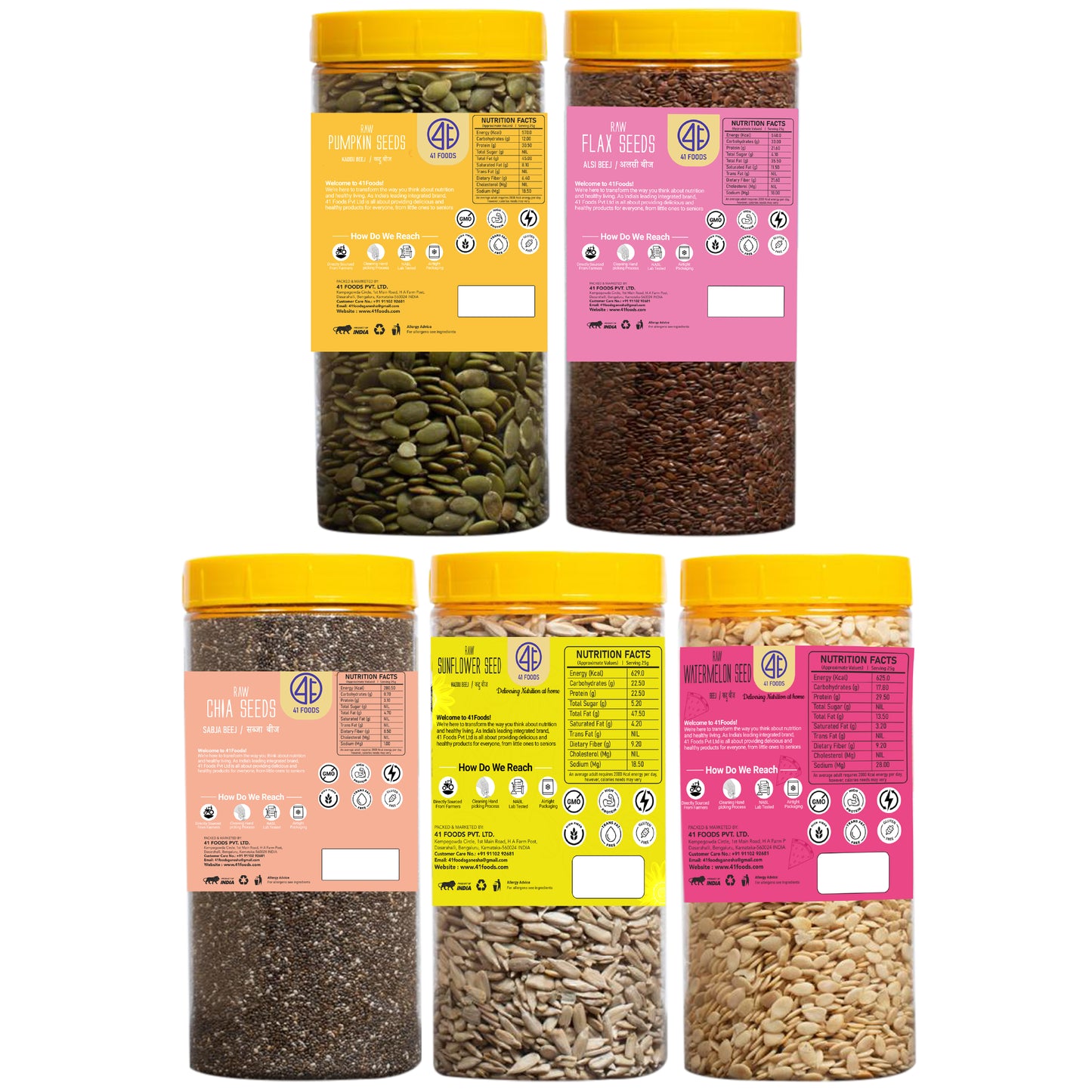 41Foods Raw Seeds Combo for eating - | Chia, Flax, Pumpkin, Watermelon, Sunflower Seeds - Combo | Weight management | Healthy and Nutritious |