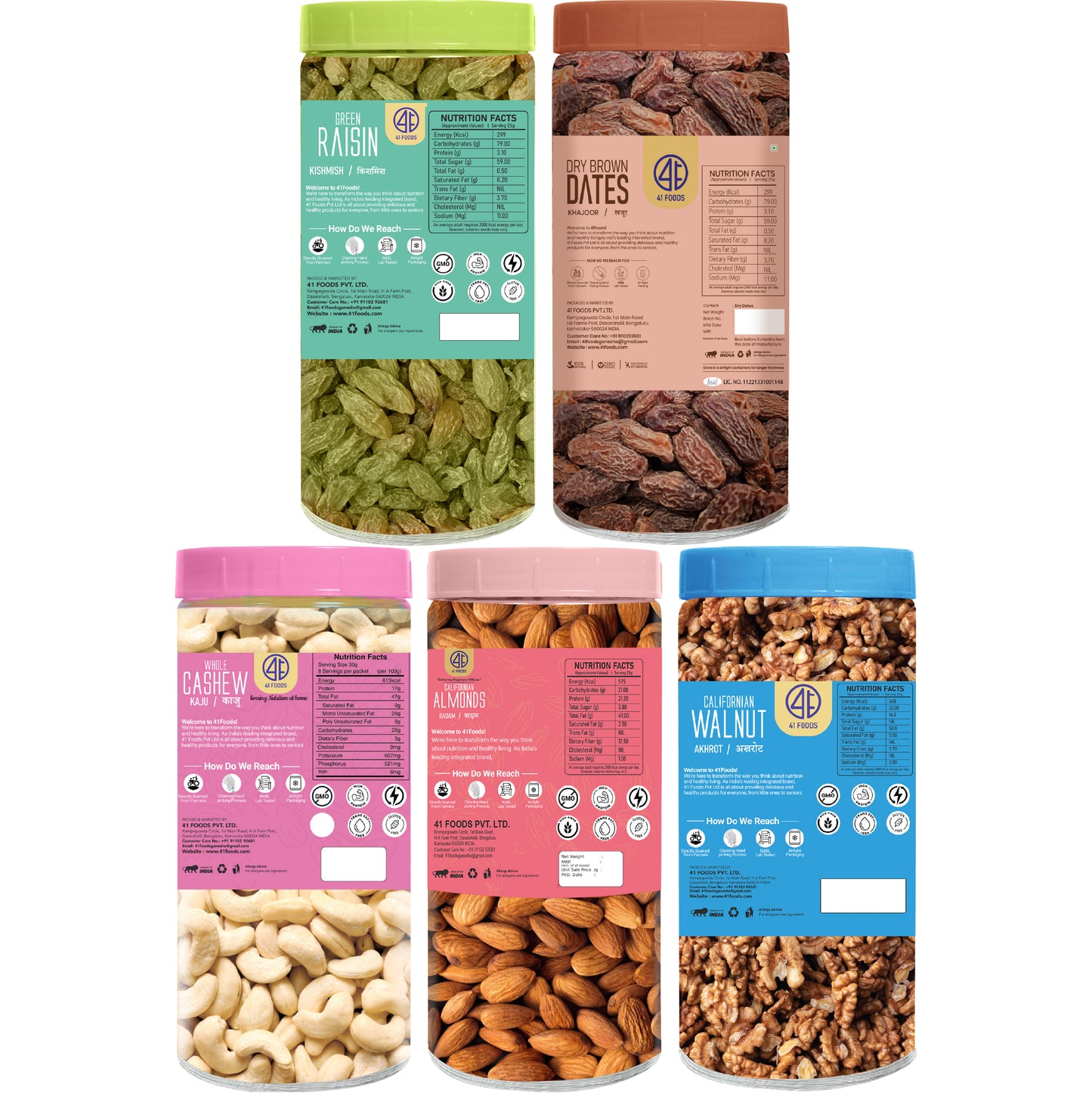 41 Foods 100 % Premium Healthy Dry Fruits Combo of Cashew, Almond, Walnut, Raisins, Brown Date - Combo