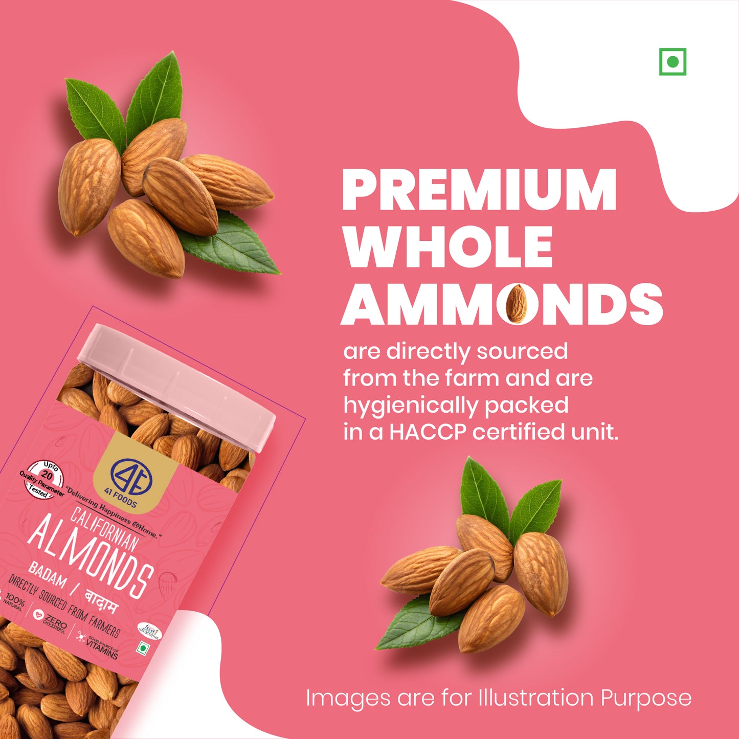 41 Foods 100% Premium Pure California Almonds/Badam Whole, Real Nuts, High in Fiber, Badam Giri, Rich in Protein, Magnesium, Phosphorus and Dietary Fibre, Nuts & Dry Fruits