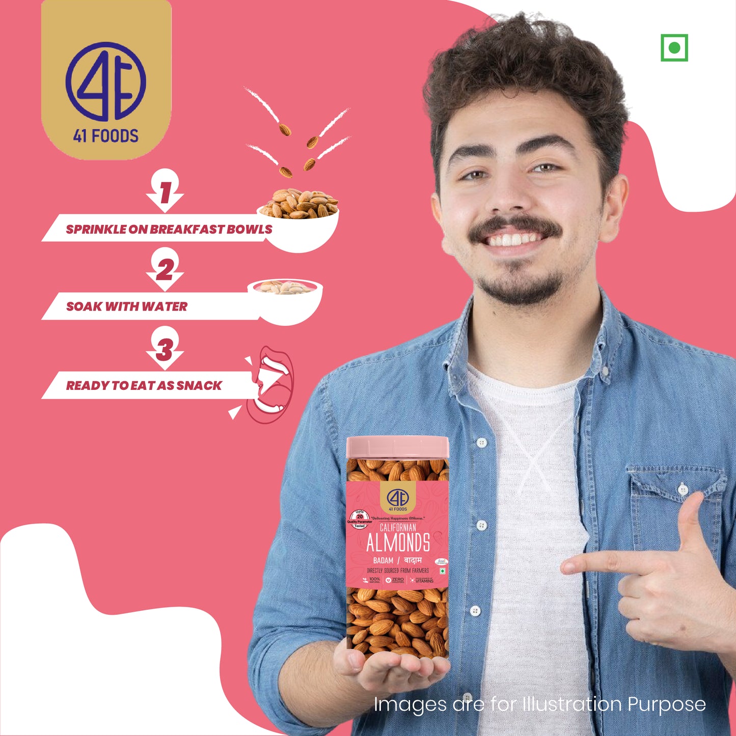 41 Foods 100% Premium Pure California Almonds/Badam Whole, Real Nuts, High in Fiber, Badam Giri, Rich in Protein, Magnesium, Phosphorus and Dietary Fibre, Nuts & Dry Fruits