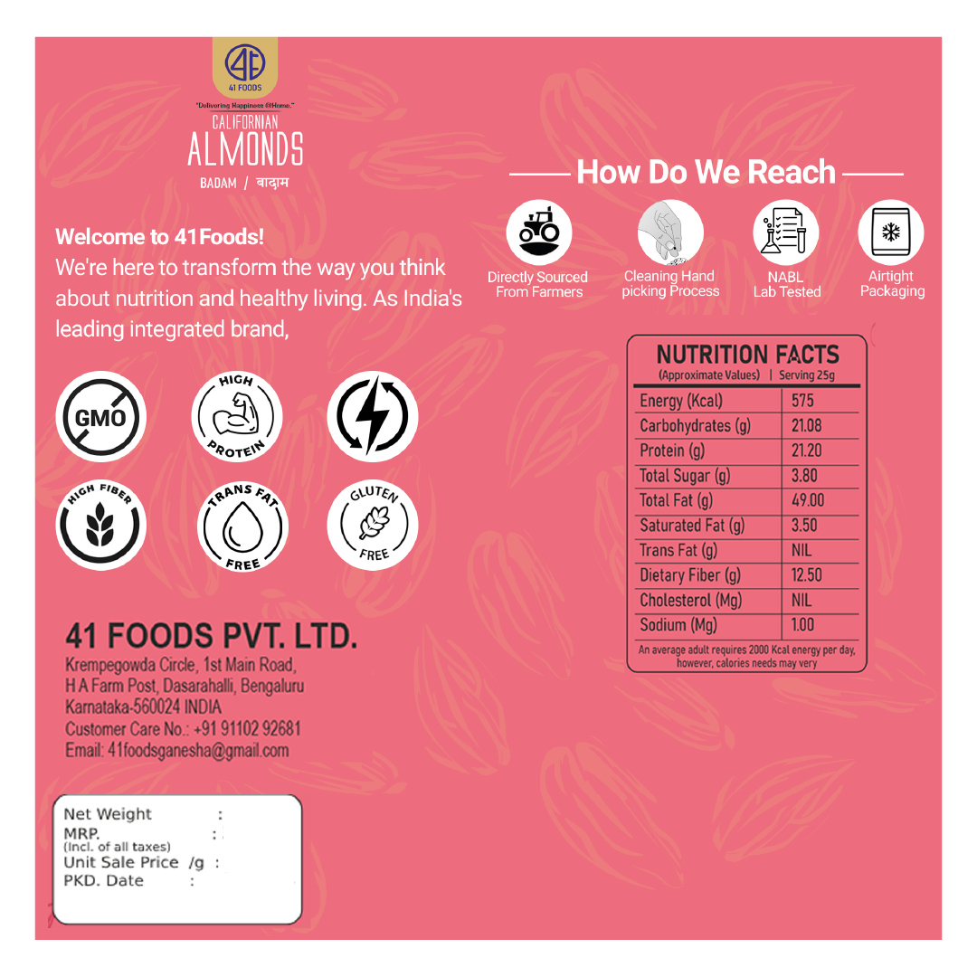 41 Foods 100 % Premium - Healthy Almonds - 100% Natural Badam Giri | Rich In Protein & Dietary Fiber | Crunchy Texture & Delicious Nutty Flavour | No Added Preservatives Or Artificial Flavors