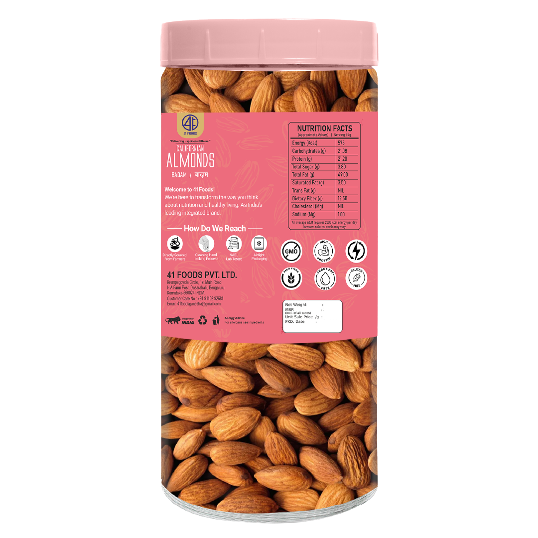 41 Foods 100 % Premium - Healthy Almonds - 100% Natural Badam Giri | Rich In Protein & Dietary Fiber | Crunchy Texture & Delicious Nutty Flavour | No Added Preservatives Or Artificial Flavors