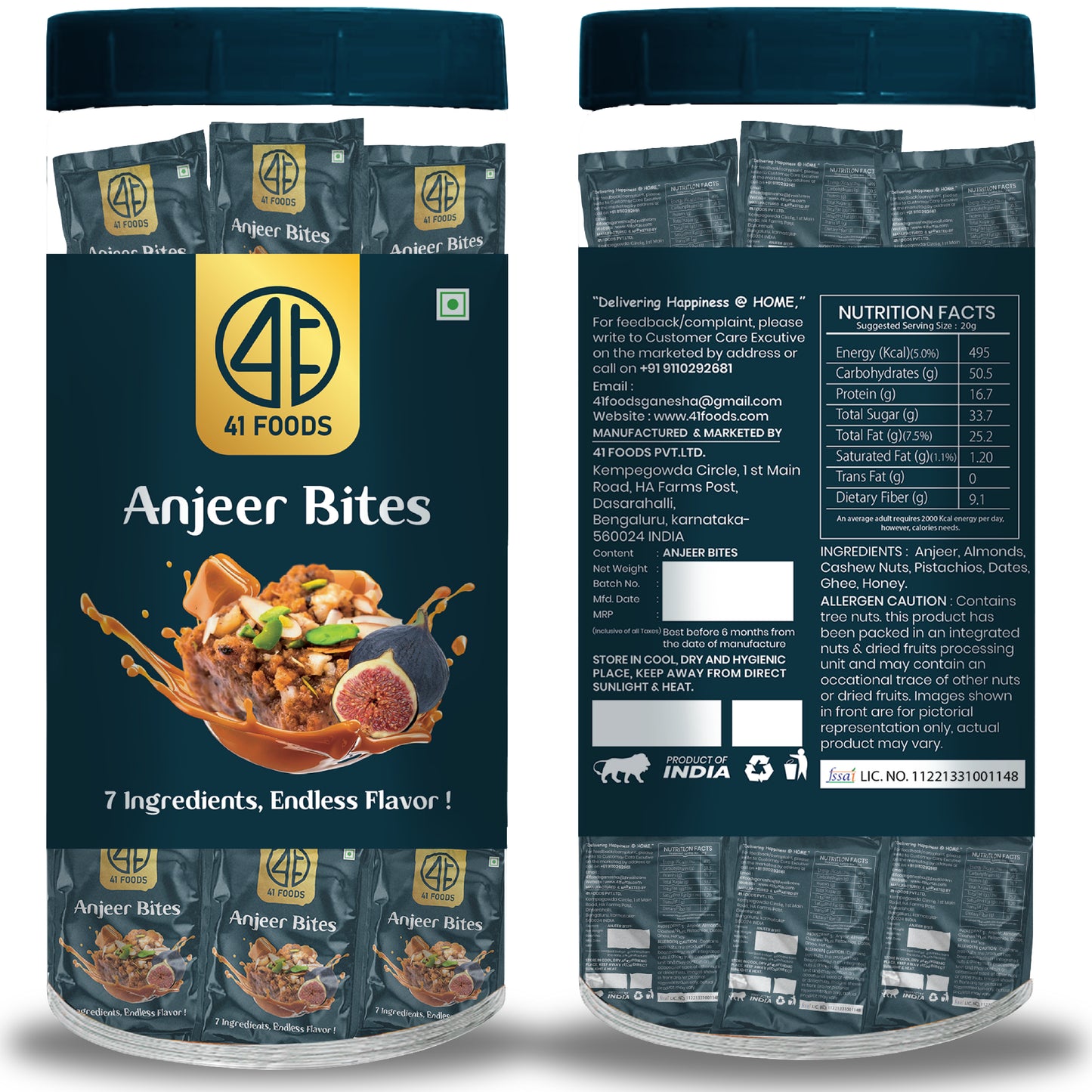 41 Foods 100% Premium Anjeer I Anjeer Bites Made with Anjeer, Pista, Cashews, Almonds, Honey and Pure Ghee I Dry Fruits & Nuts, Healthy Snacks, Sweets, Gluten Free, No Added Sugar.