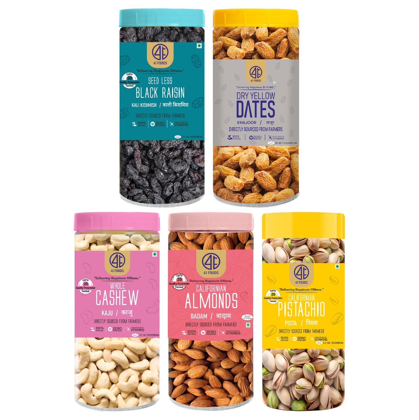 41 Foods 100 % Premium Healthy Dry Fruits Combo of Cashew, Almond,Pistachios, Black Raisins, Yellow Date - Combo