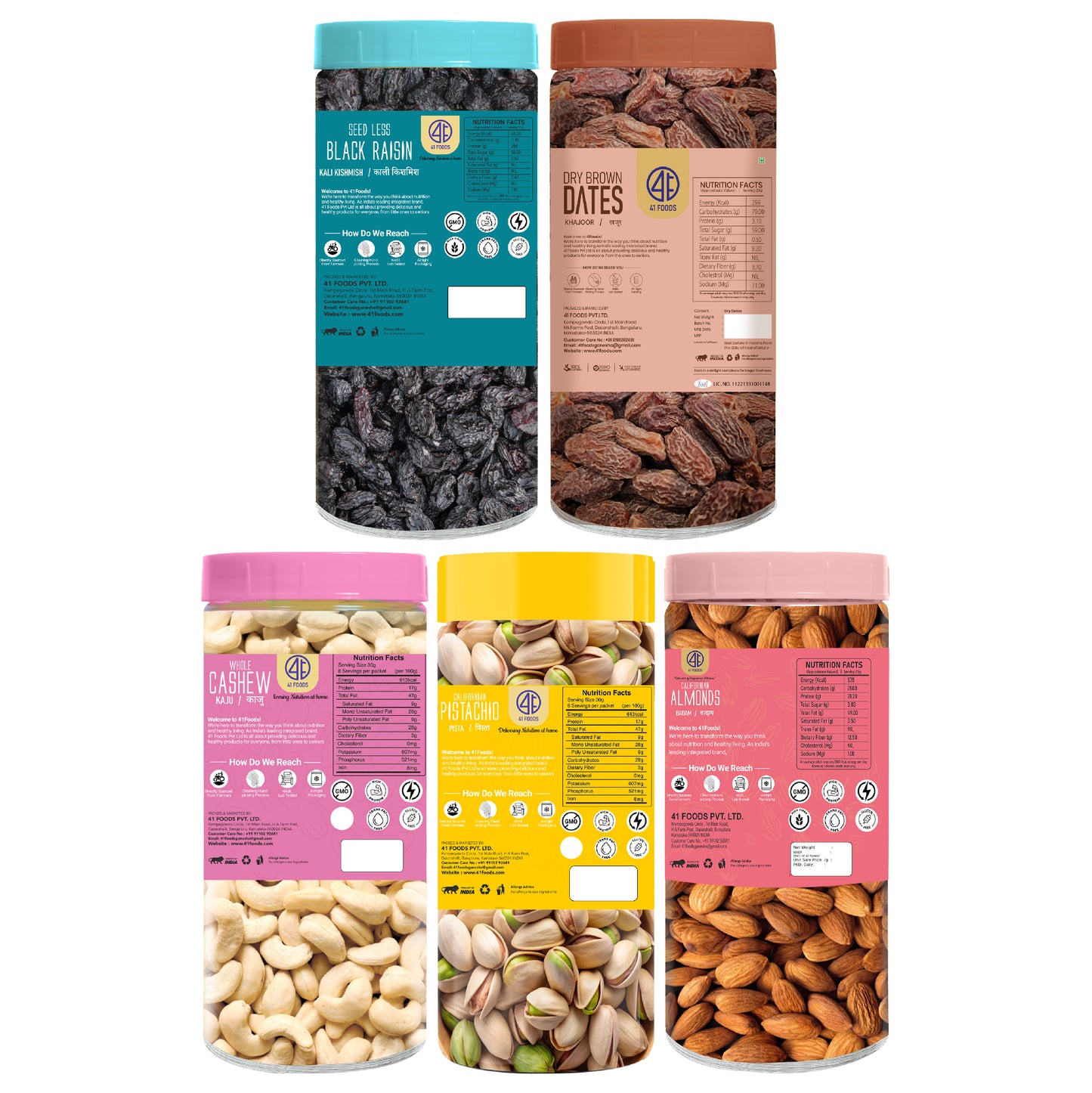 41Foods 100 % Premium Healthy Dry Fruits Combo of Cashew, Almond,Pistachios, Black Raisins, Brown Date - Combo