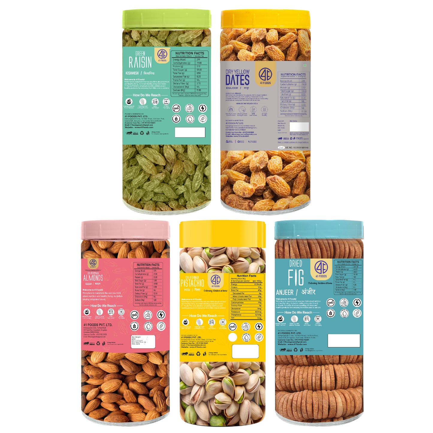 41 Foods 100 % Premium Healthy Dry Fruits Combo of Almond,Pistachios, Fig, Raisins, Yellow Date - Combo