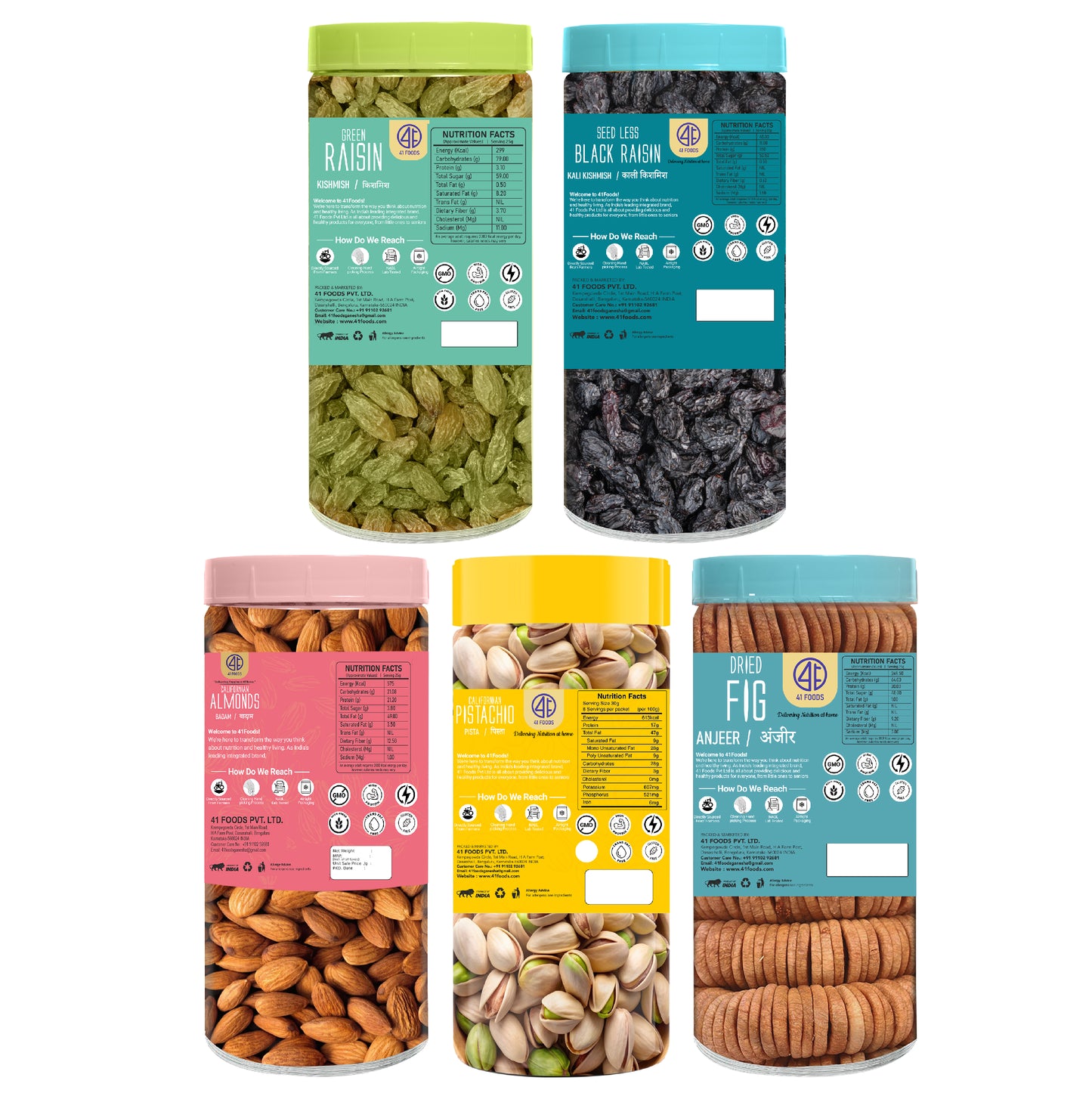 41Foods 100 % Premium Healthy Dry Fruits Combo of Almond,Pistachios, Fig, Raisins, Black Raisin - Combo