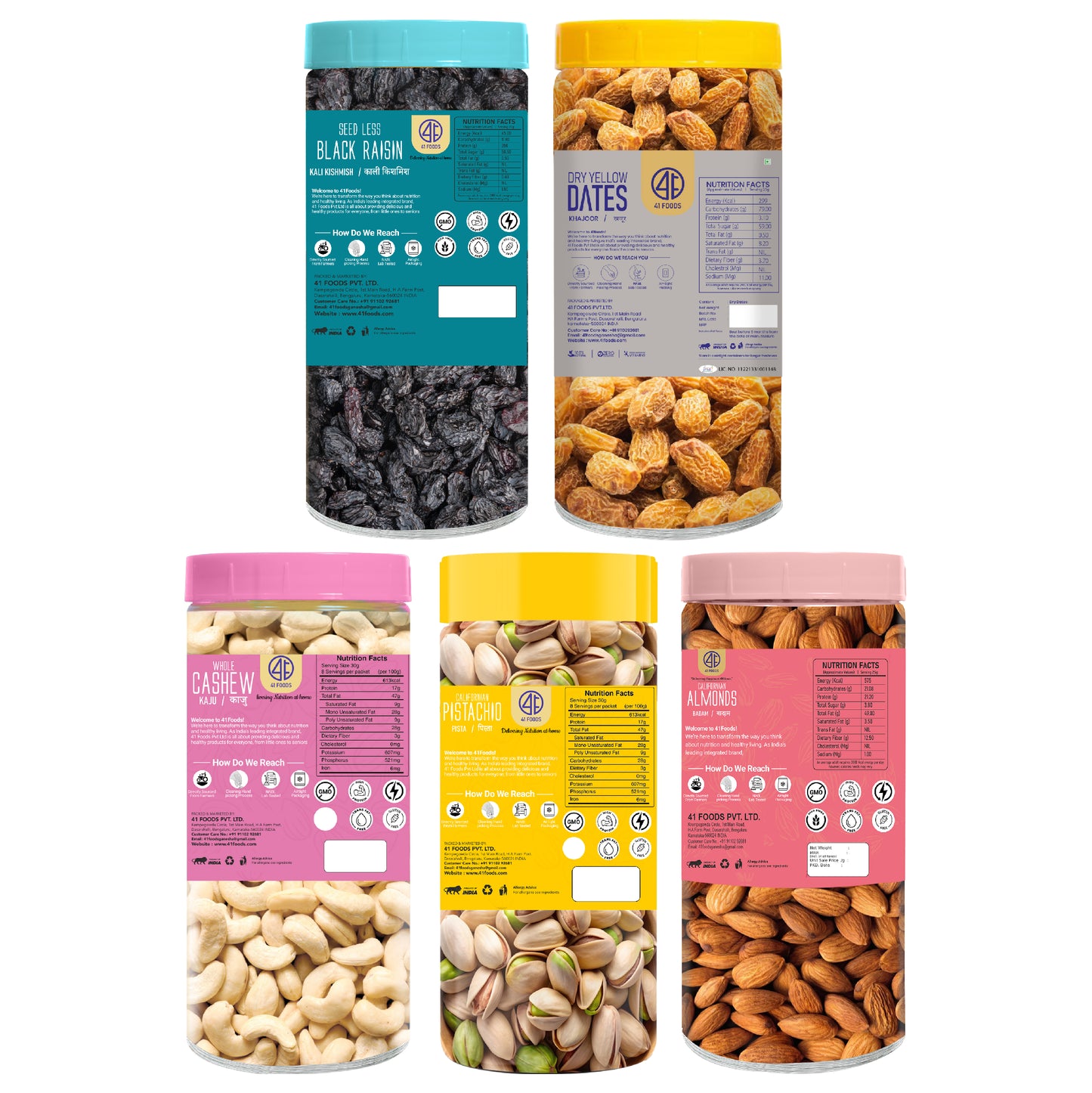 41 Foods 100 % Premium Healthy Dry Fruits Combo of Cashew, Almond,Pistachios, Black Raisins, Yellow Date - Combo