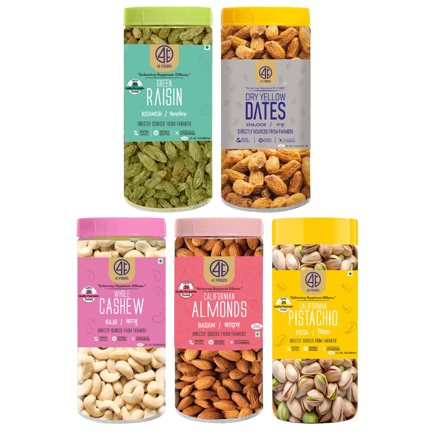 41 Foods 100 % Premium Healthy Dry Fruits Combo of Cashew, Almond,Pistachios, Raisins, Yellow Date - Combo