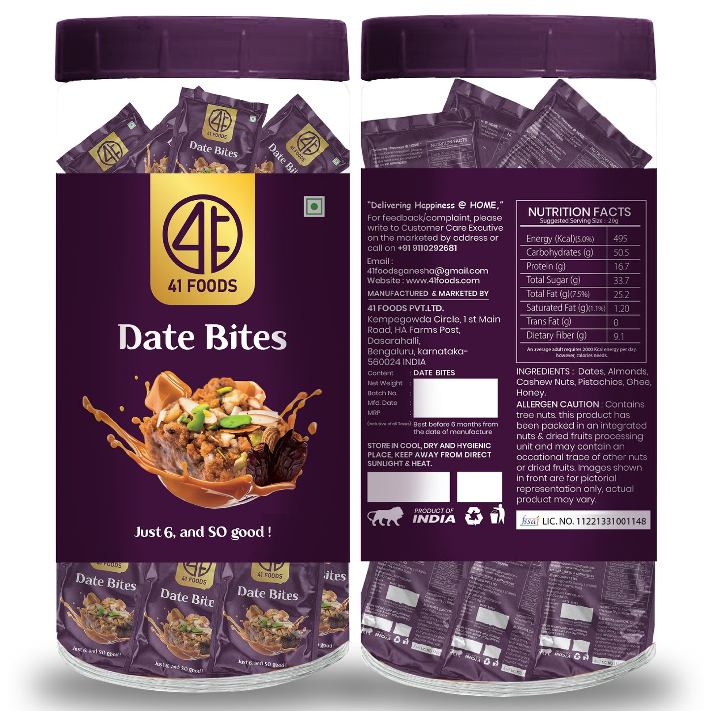 41 Foods 100% Premium Classic Date Bites I Dates Bites Made with Dates, Pista, Cashews, Almonds, Honey and Pure Ghee I Dry Fruits & Nuts, Healthy Snacks, Sweets, Gluten Free, No Added Sugar.