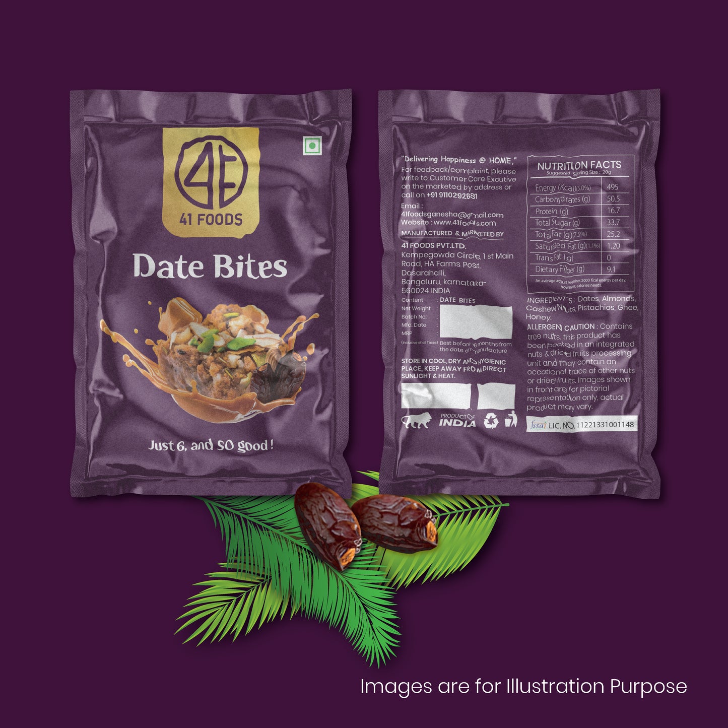 41 Foods 100% Premium Classic Date Bites I Dates Bites Made with Dates, Pista, Cashews, Almonds, Honey and Pure Ghee I Dry Fruits & Nuts, Healthy Snacks, Sweets, Gluten Free, No Added Sugar.