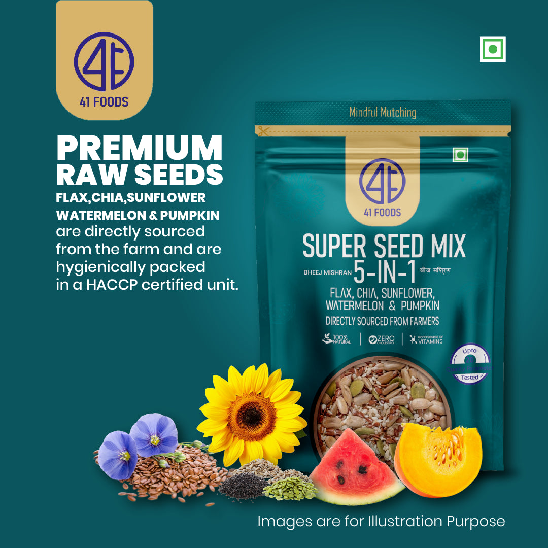 41Foods - Your Seeds Mix for Eating | 5 Super Seeds in 1 Mix -Twin -Combo | Edible Trail Mix, Mixed Seeds, Chia - Pumpkin - Watermelon - Flax - Sunflower - High Protein - Healthy Snacks For Mixing (Copy)
