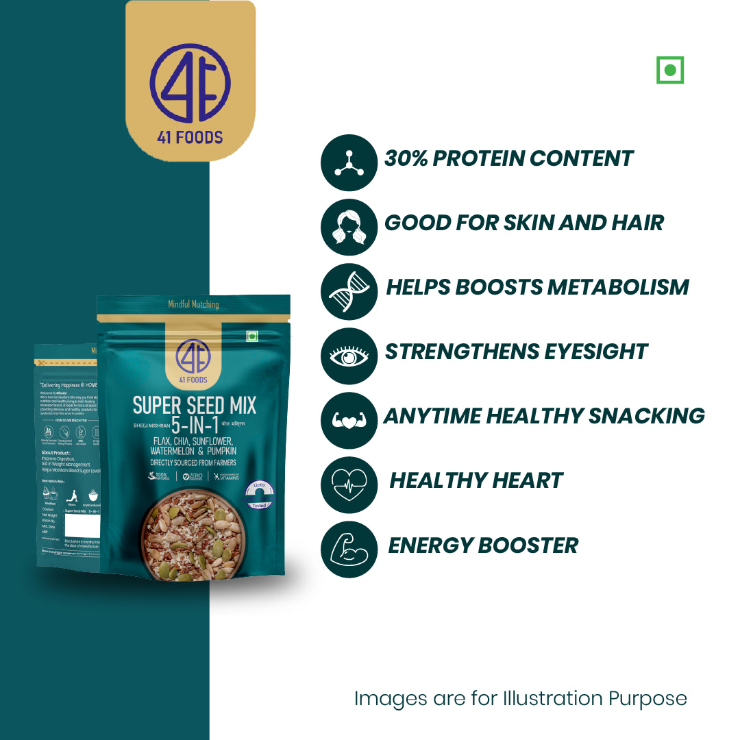 41Foods - Your Seeds Mix for Eating | 5 Super Seeds in 1 Mix -Twin -Combo | Edible Trail Mix, Mixed Seeds, Chia - Pumpkin - Watermelon - Flax - Sunflower - High Protein - Healthy Snacks For Mixing (Copy)