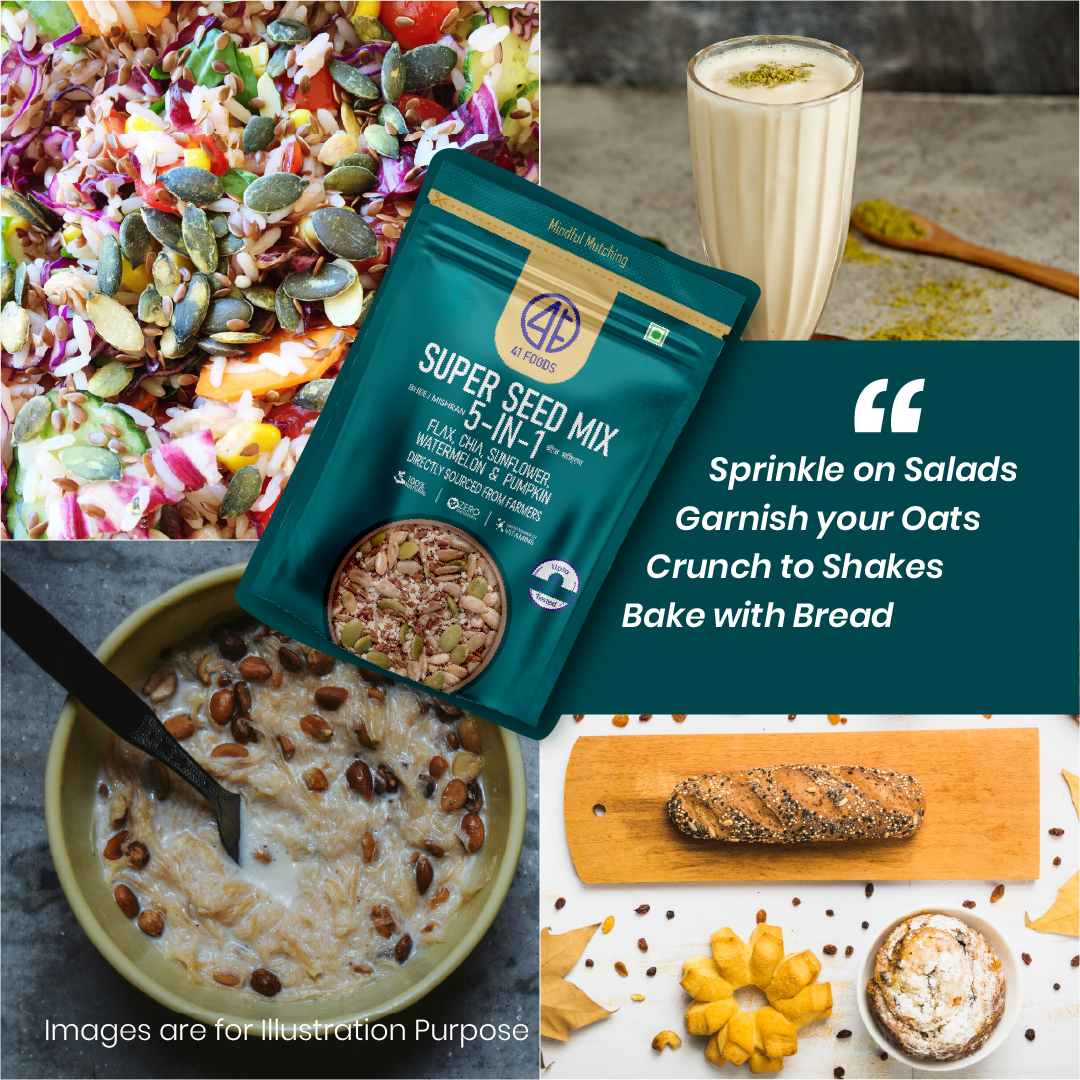 41Foods - Your Seeds Mix for Eating | 5 Super Seeds in 1 Mix -Twin -Combo | Edible Trail Mix, Mixed Seeds, Chia - Pumpkin - Watermelon - Flax - Sunflower - High Protein - Healthy Snacks For Mixing (Copy)