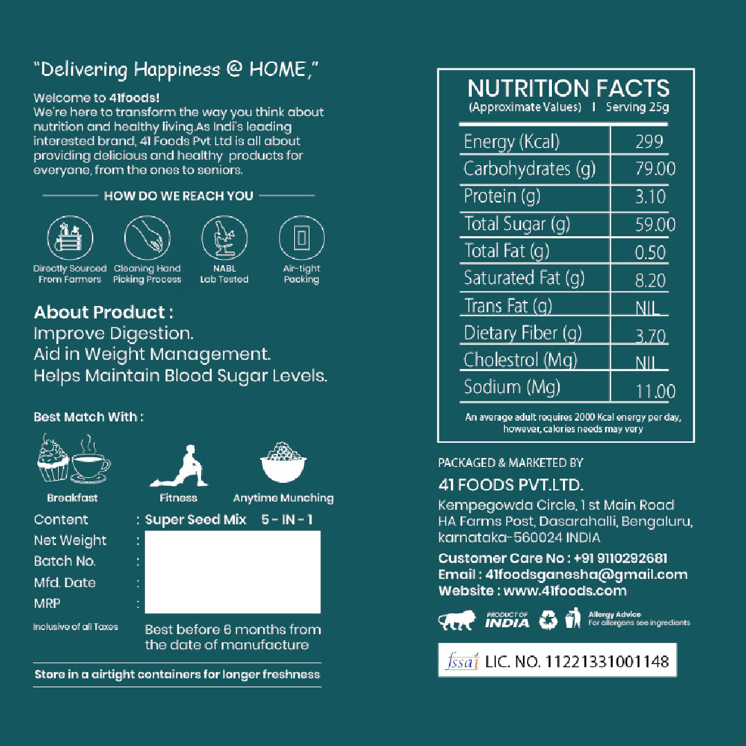 41 Foods 100 % Premium Healthy Dry Seeds I Seed Mix 5 in 1 I 100% Natural 5 in 1 - Edible Seeds | Healthy | Diet Snacks | 100% Natural and Roasted - Pumpkin, Watermelon, Sunflower, Flax, Chia - all 5 in 1