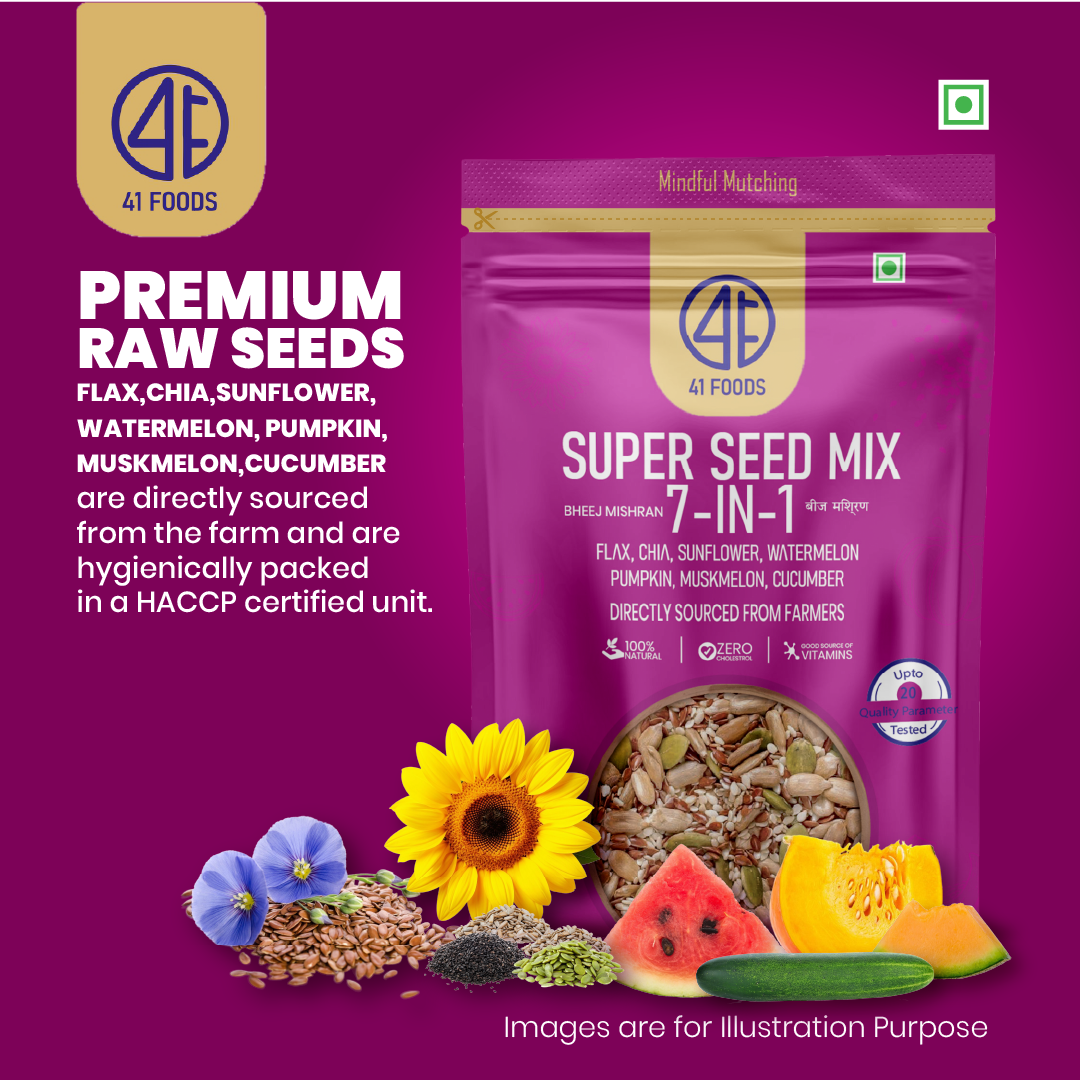 41Foods - Your Seeds Mix for Eating -True Elements 7 - Edible Seeds Super Seeds in 1 Mix - | Healthy | Diet Snacks | 100% Natural and Roasted - Pumpkin, Watermelon, Sunflower, Flax, Chia, Muskmelon & Cucumber (Copy)