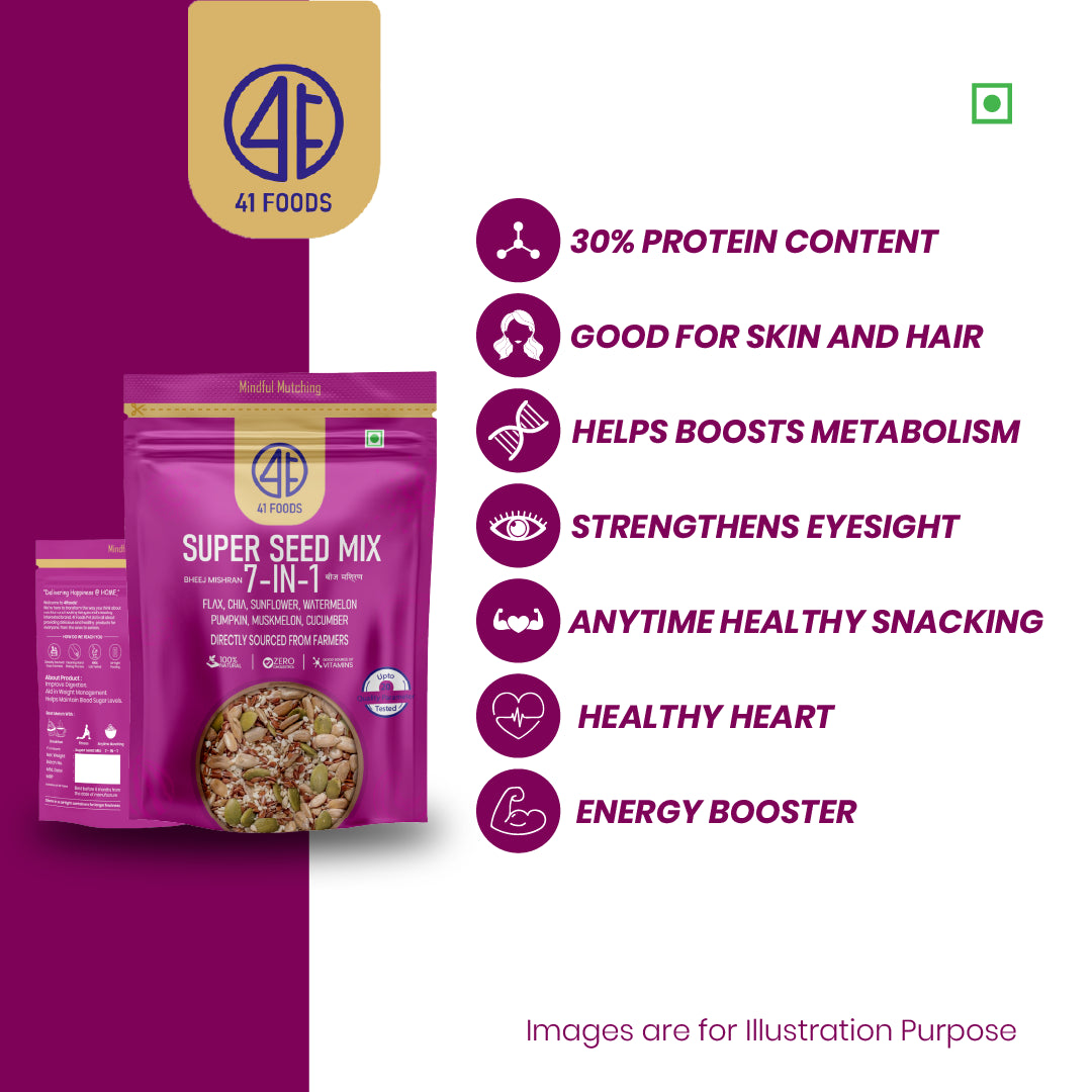 41Foods - Your Seeds Mix for Eating -True Elements 7 - Edible Seeds Super Seeds in 1 Mix - | Healthy | Diet Snacks | 100% Natural and Roasted - Pumpkin, Watermelon, Sunflower, Flax, Chia, Muskmelon & Cucumber (Copy)