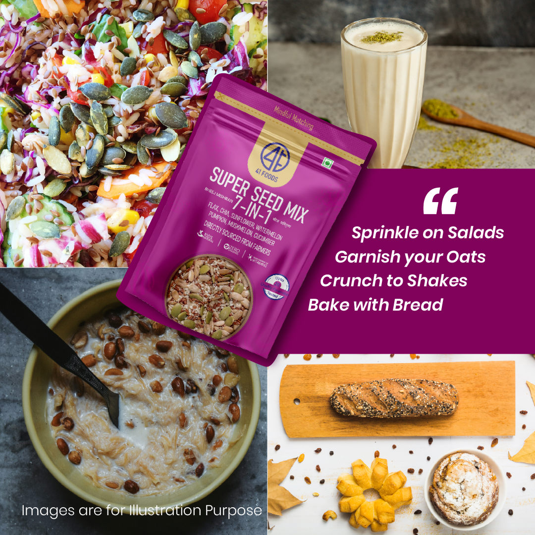 41Foods - Your Seeds Mix for Eating -True Elements 7 - Edible Seeds Super Seeds in 1 Mix - | Healthy | Diet Snacks | 100% Natural and Roasted - Pumpkin, Watermelon, Sunflower, Flax, Chia, Muskmelon & Cucumber (Copy)