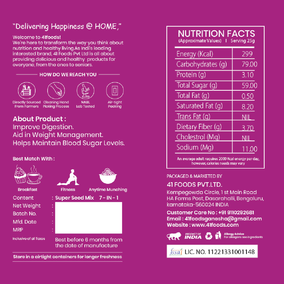 41 Foods 100 % Premium Healthy Dry Seeds I Seed Mix 7 in 1 I 100% Natural 7 in 1 - Edible Seeds | Healthy | Diet Snacks | 100% Natural and Roasted - Pumpkin, Watermelon, Sunflower, Flax, Chia, Muskmelon, Cucumber all 7 in 1