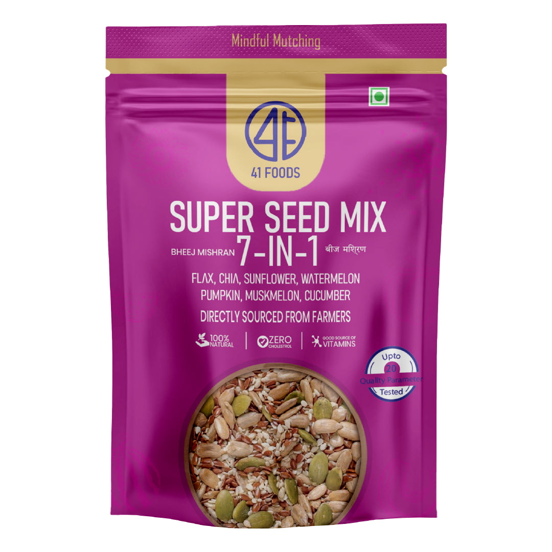 41Foods - Your Seeds Mix for Eating -True Elements 7 - Edible Seeds Super Seeds in 1 Mix - | Healthy | Diet Snacks | 100% Natural and Roasted - Pumpkin, Watermelon, Sunflower, Flax, Chia, Muskmelon & Cucumber (Copy)