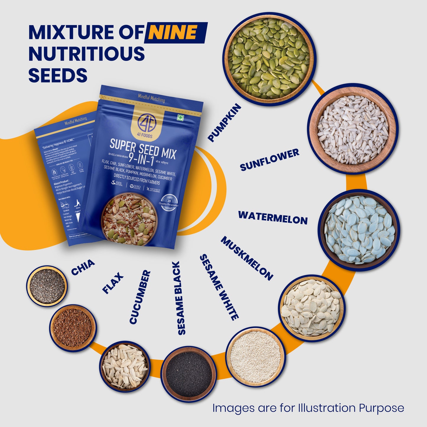 41 Foods 100 % Premium Healthy Dry Seeds I Seed Mix 9 in 1 | Pumpkin, Watermelon, Sunflower, Flax, Chia, Muskmelon, Cucumber, Sesame white, Sesame black Seed Mix 9 in One