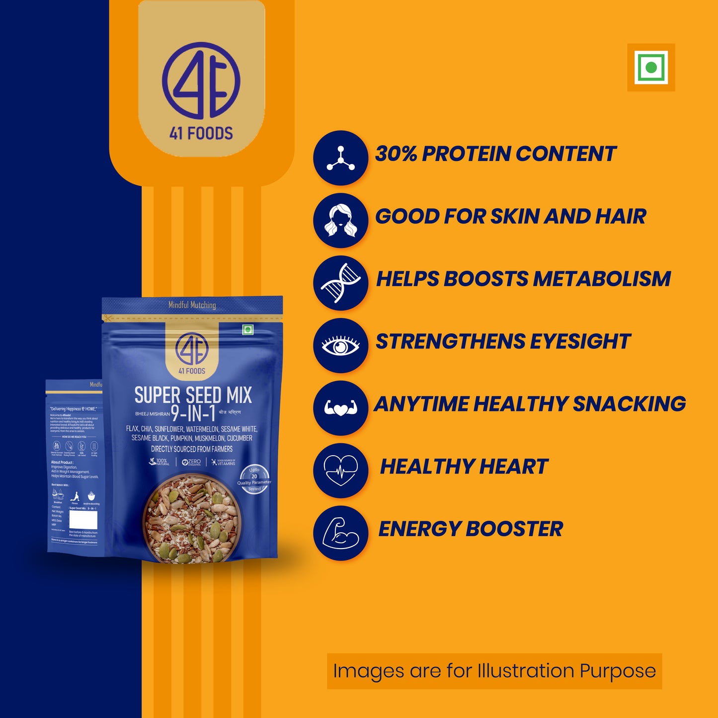 41 Foods 100 % Premium Healthy Dry Seeds I Seed Mix 9 in 1 | Pumpkin, Watermelon, Sunflower, Flax, Chia, Muskmelon, Cucumber, Sesame white, Sesame black Seed Mix 9 in One