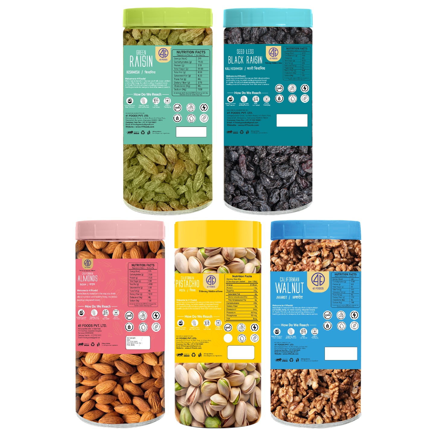 41 Foods 100 % Premium Healthy Dry Fruits Combo of Pistachios, Almond, Walnut, Raisins, Black Raisin - Combo