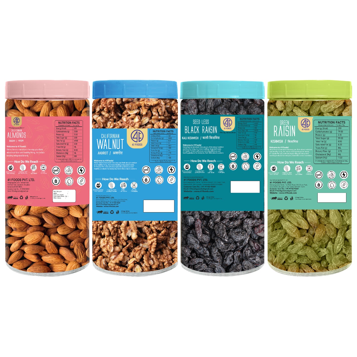 41 Foods 100 % Premium Healthy Dry Fruits Combo of Almond, Walnut, Raisins, Black Raisin - Combo