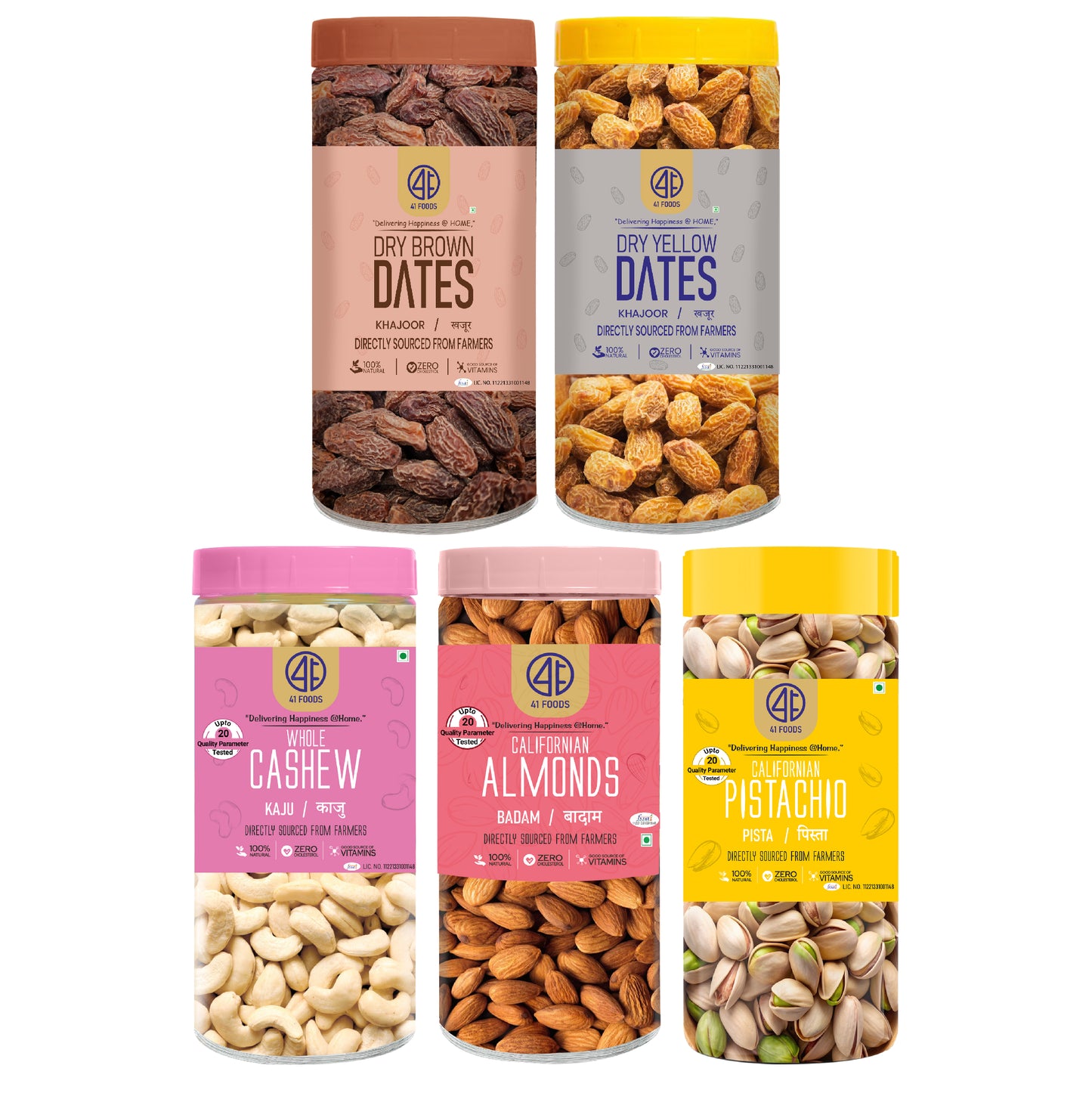 41 Foods 100 % Premium Healthy Dry Fruits Combo of Cashew, Almond,Pistachios, Brown Date, Yellow Date - Combo