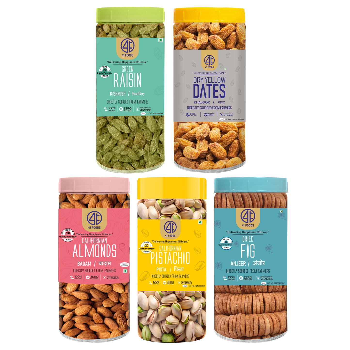 41 Foods 100 % Premium Healthy Dry Fruits Combo of Almond,Pistachios, Fig, Raisins, Yellow Date - Combo