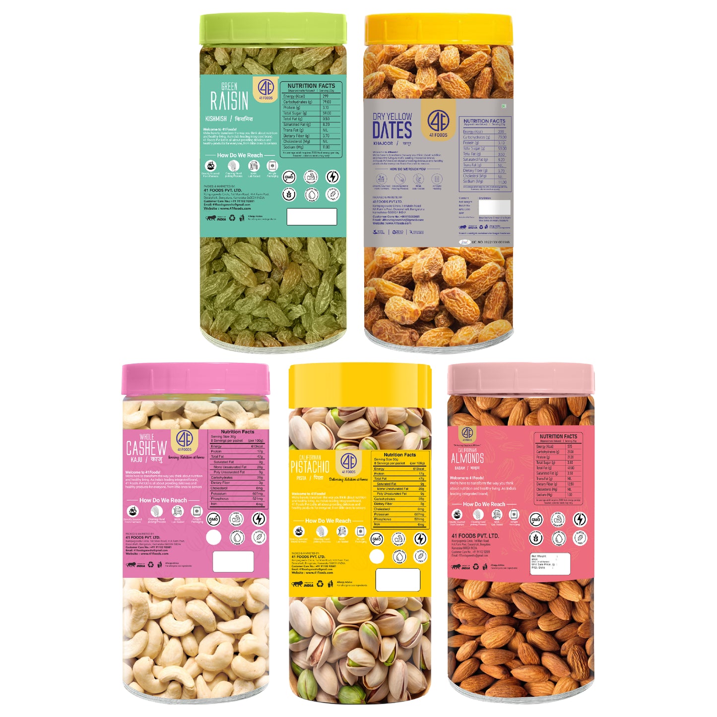 41 Foods 100 % Premium Healthy Dry Fruits Combo of Cashew, Almond,Pistachios, Raisins, Yellow Date - Combo