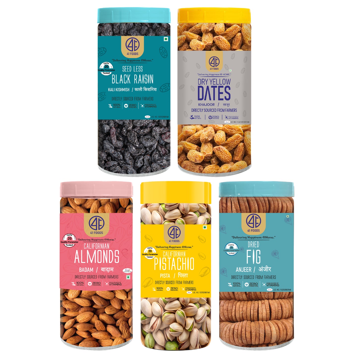 41 Foods 100 % Premium Healthy Dry Fruits Combo of Almond,Pistachios, Fig, Black Raisins, Yellow Date - Combo