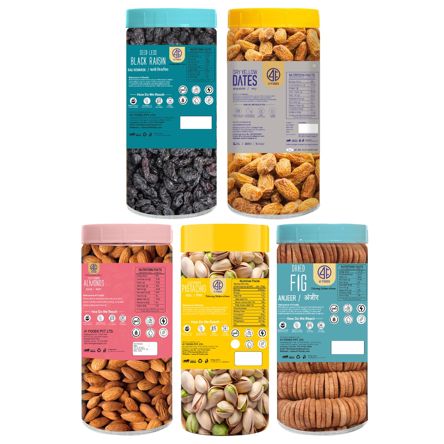 41 Foods 100 % Premium Healthy Dry Fruits Combo of Almond,Pistachios, Fig, Black Raisins, Yellow Date - Combo