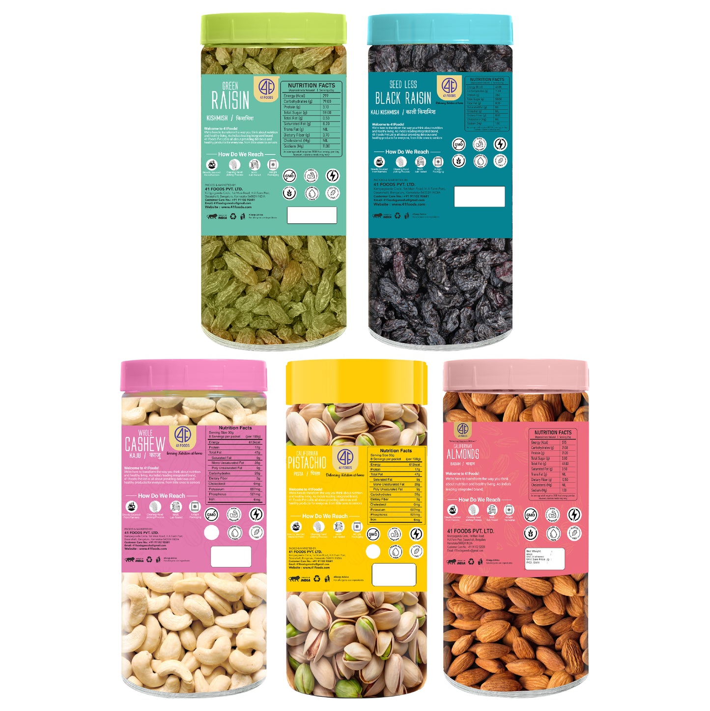 41 Foods 100 % Premium Healthy Dry Fruits Combo of Cashew, Almond,Pistachios, Raisins, Black Raisin - Combo
