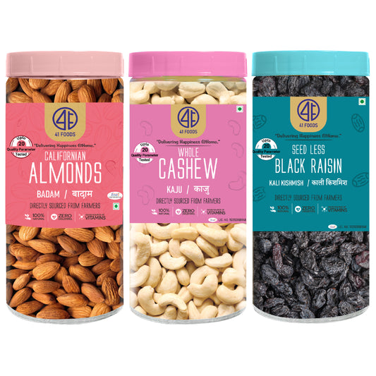 41 Foods 100 % Premium Healthy Dry Fruits  Combo of  Almond, Cashew, Black Raisins - Combo