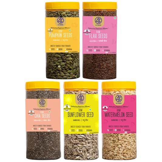41Foods Raw Seeds Combo for eating - | Chia, Flax, Pumpkin, Watermelon, Sunflower Seeds - Combo | Weight management | Healthy and Nutritious |