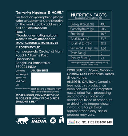 41 Foods 100% Premium Anjeer  I Anjeer Bites Made with Anjeer, Pista, Cashews, Almonds, Honey and Pure Ghee I Dry Fruits &amp; Nuts, Healthy Snacks, Sweets, Gluten Free, No Added Sugar.