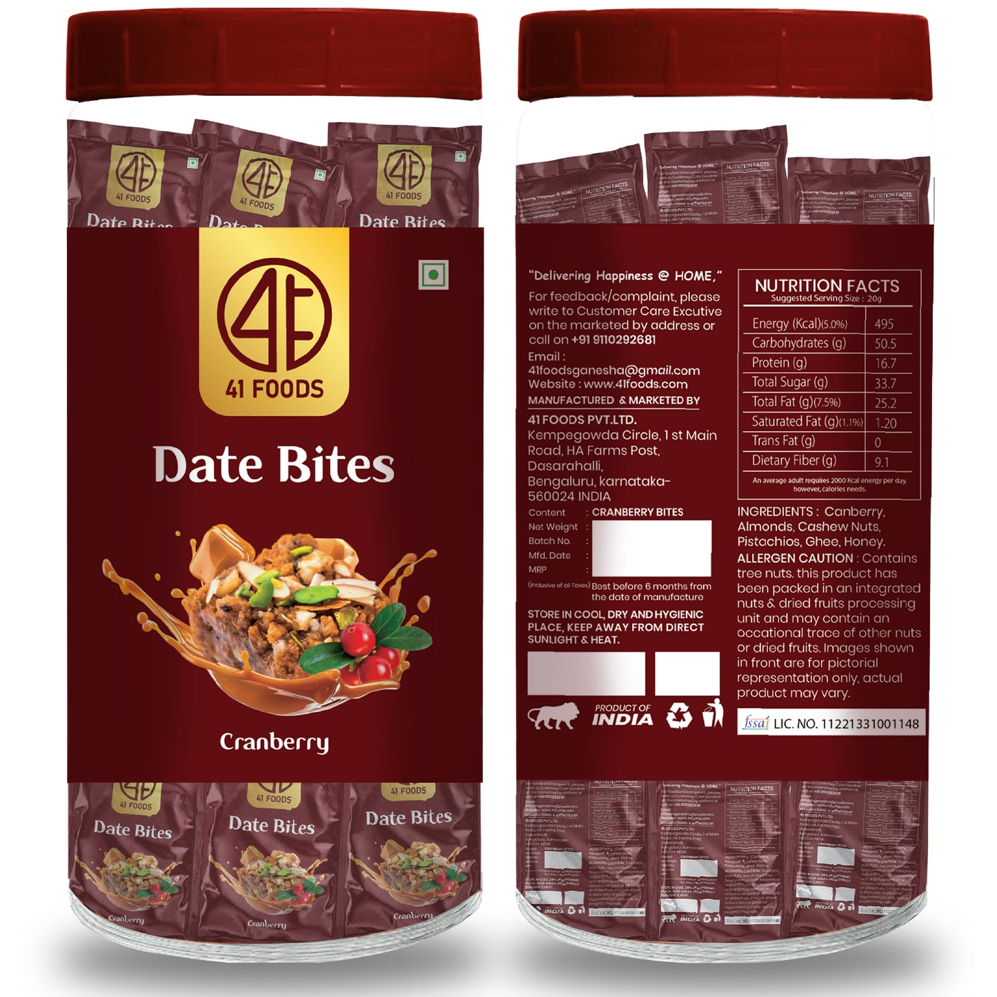 41 Foods 100 % Premium Bites  I  Cranberry Bites Made with Cranberry, Pista, Cashews, Almonds, and Pure Ghee & Honey I Dry Fruits, Nuts, Healthy Snacks Sweets, Gluten Free, No Added Sugar.