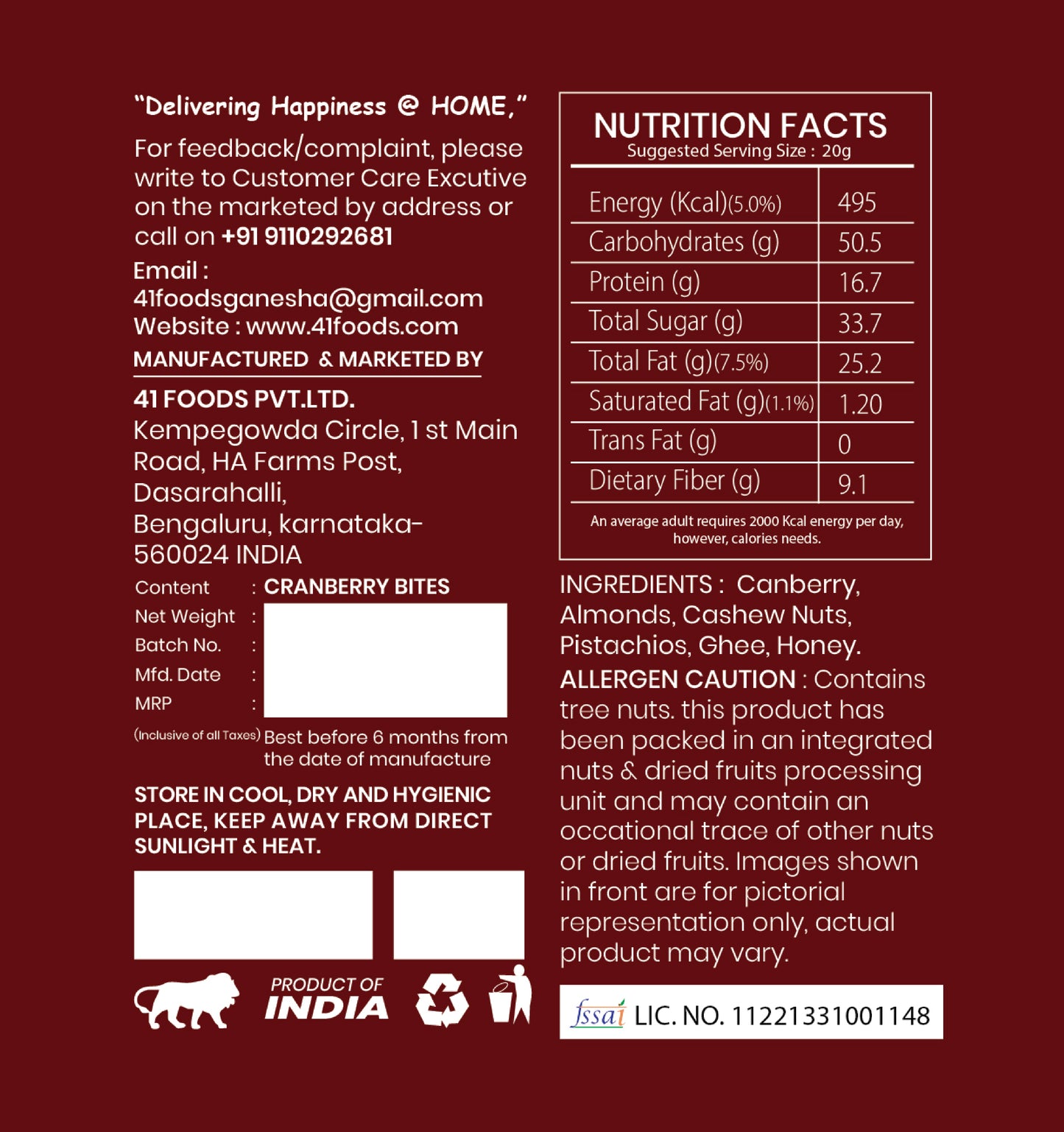 41 Foods 100 % Premium Bites  I  Cranberry Bites Made with Cranberry, Pista, Cashews, Almonds, and Pure Ghee & Honey I Dry Fruits, Nuts, Healthy Snacks Sweets, Gluten Free, No Added Sugar.