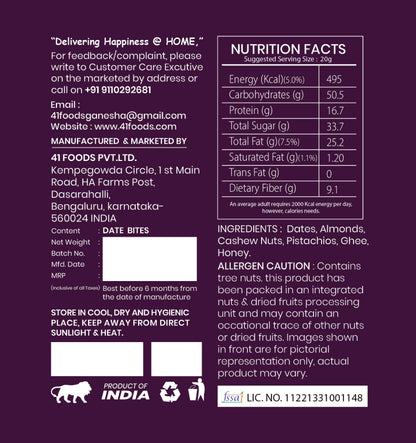 41 Foods 100% Premium Classic Date Bites I Dates Bites Made with Dates, Pista, Cashews, Almonds, Honey and Pure Ghee I Dry Fruits &amp; Nuts, Healthy Snacks, Sweets, Gluten Free, No Added Sugar.