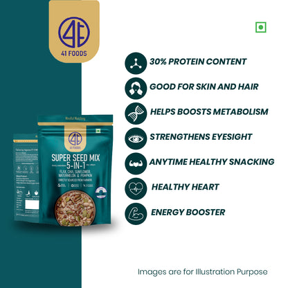 41Foods - Your Seeds Mix for Eating | 5 Super Seeds in 1 Mix | Edible Trail Mix, Mixed Seeds, Chia - Pumpkin - Watermelon - Flax - Sunflower - High Protein - Healthy Snacks For Mixing