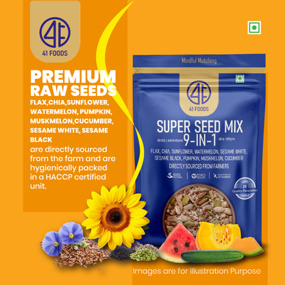41 Foods 100 % Premium Healthy Dry Seeds I Seed Mix 9 in 1   |  Pumpkin, Watermelon, Sunflower, Flax, Chia, Muskmelon, Cucumber, Sesame white, Sesame black  Seed Mix 9 in One