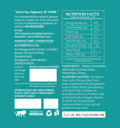 41 Foods Classic White Chocolate Bites & nbsp; I White Chocolate Made with White Chocolate, Pista, Cashews, Almonds, and Pure Ghee I Dry Fruits, Nuts, Healthy Snacks Sweets,Gluten Free, No Added Sugar.
