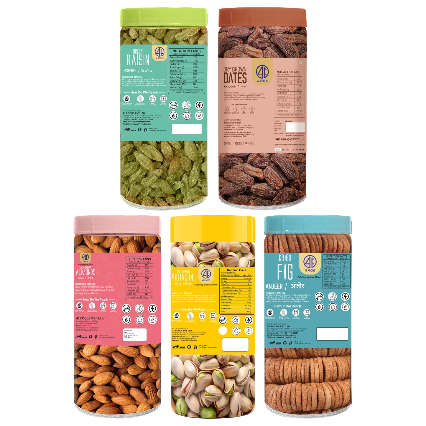 41 Foods 100 % Premium Healthy Dry Fruits  Combo of  Almond,Pistachios, Fig, Raisins, Brown Date - Combo