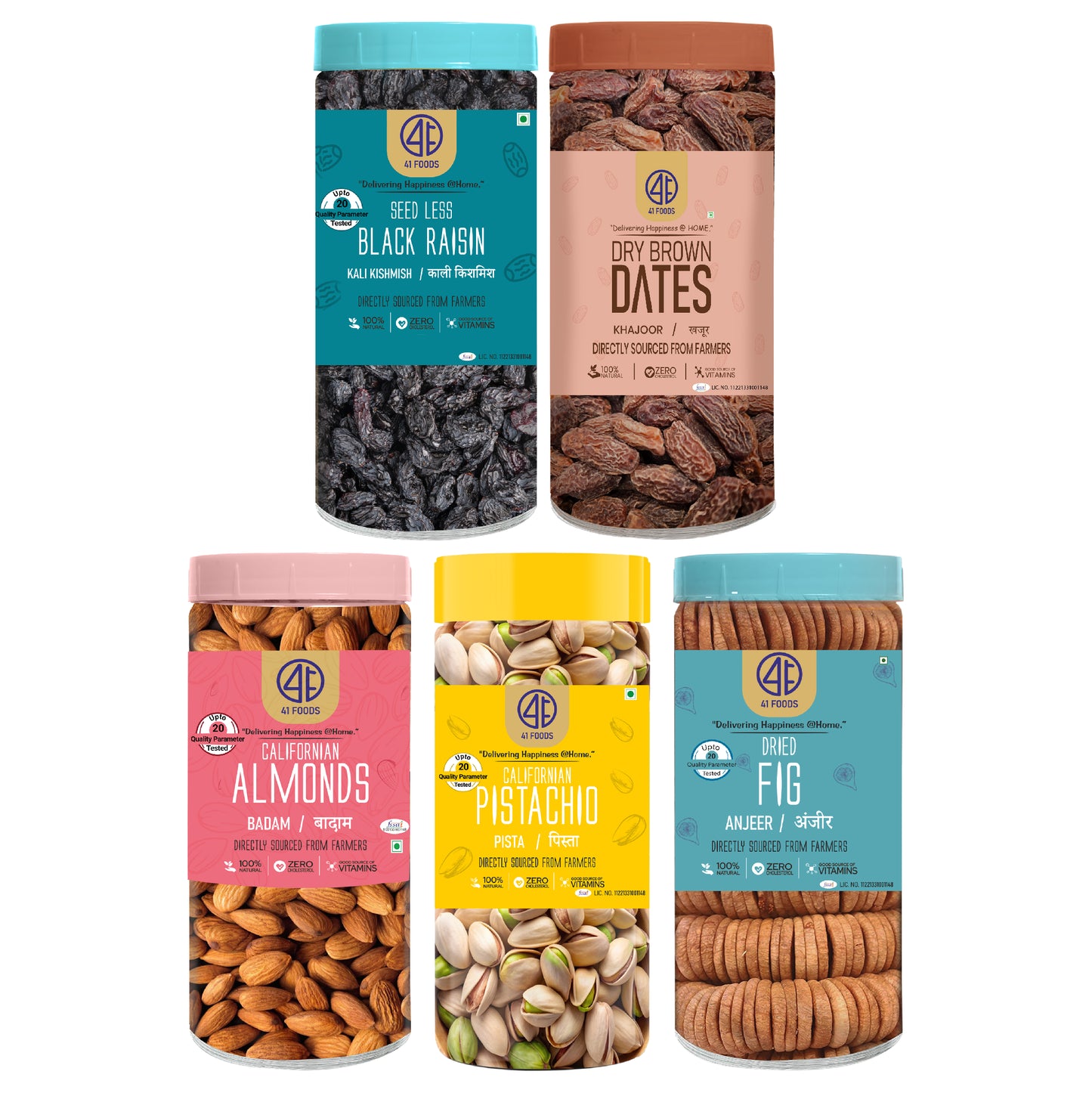 41Foods 100 % Premium Healthy Dry Fruits  Combo of  Almond,Pistachios, Fig, Black Raisins, Dry Brown Dry Date - Combo