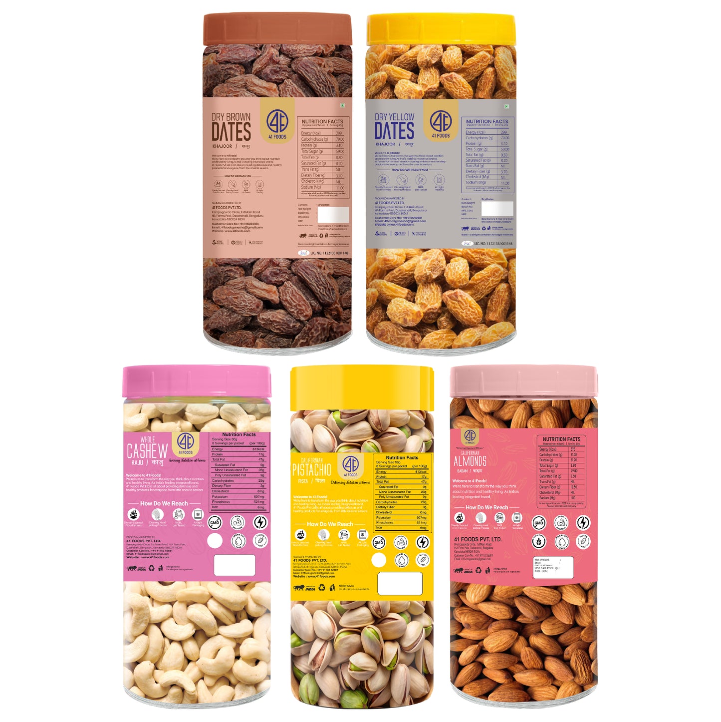 41 Foods 100 % Premium Healthy Dry Fruits  Combo of  Cashew, Almond,Pistachios, Brown Date, Yellow Date - Combo