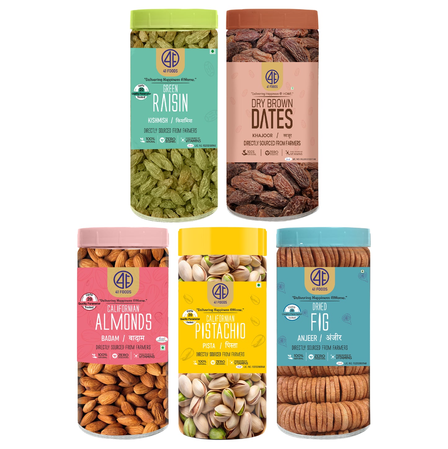 41 Foods 100 % Premium Healthy Dry Fruits  Combo of  Almond,Pistachios, Fig, Raisins, Brown Date - Combo